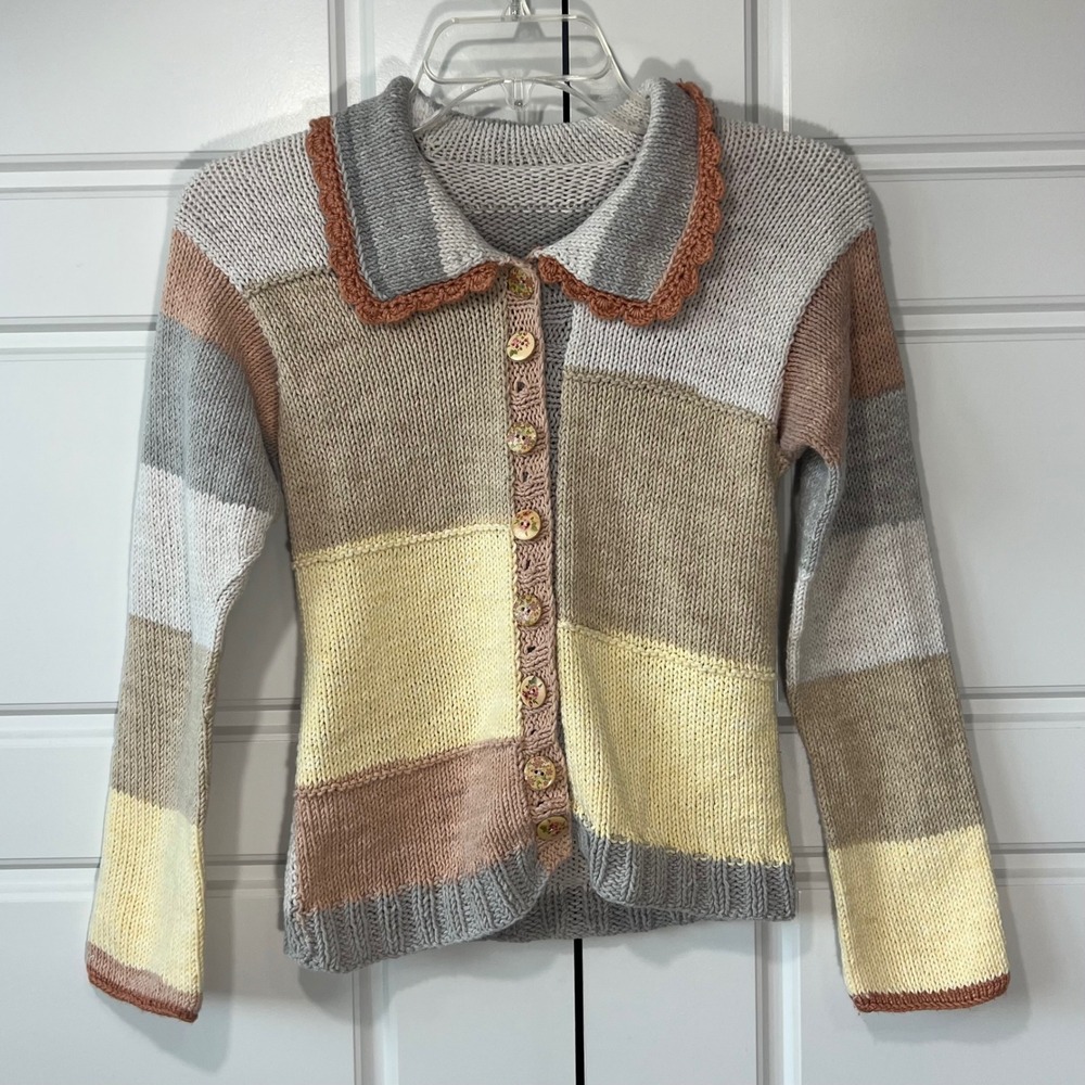 Handmade Girls Knit‎ Cardigan Sweater Floral Buttons Pastel Earth Tones Large